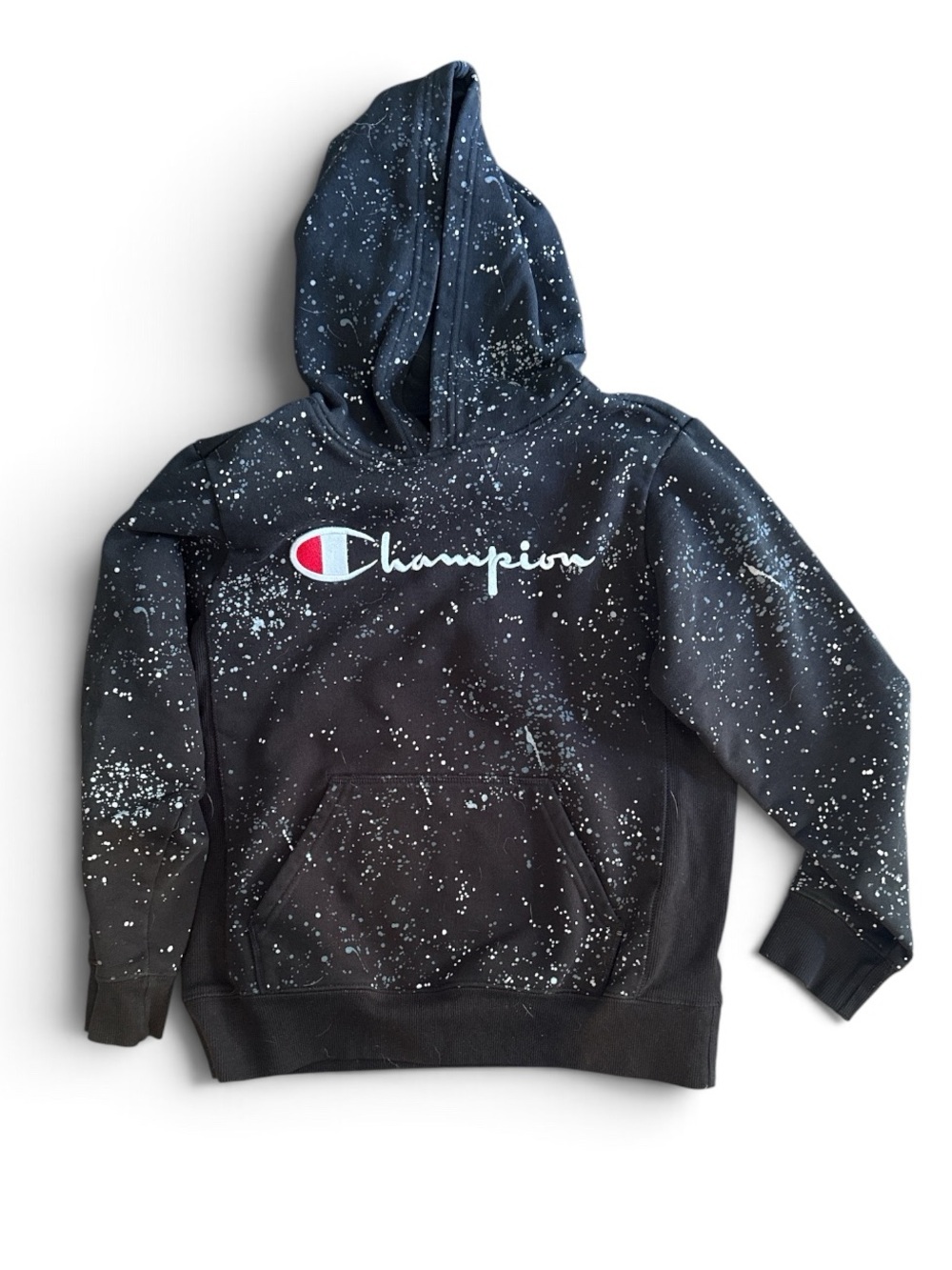 Champion Black Hoodie with White Speckle and Script Logo